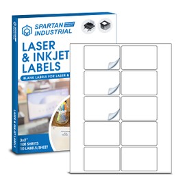 Spartan Industrial Printable Laser Inkjet Labels - 3" X 2" - White, 100 Sheets, 1000 Total Labels | Multipurpose Label Ideal for Postage and Shipping, Product Labeling, Address Labels and More