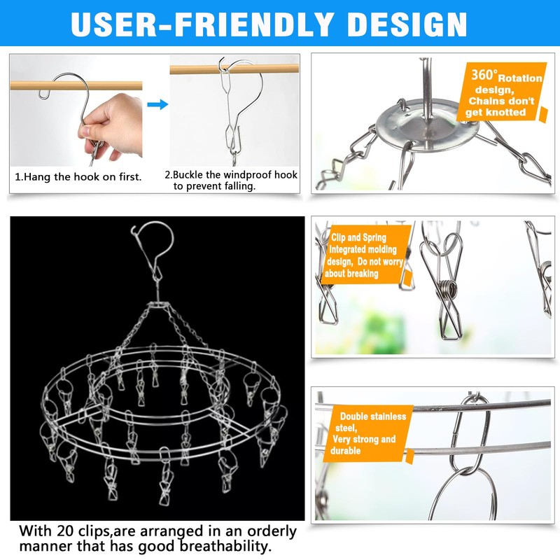 Stainless Steel Sock Drying Rack with 20 Clips, Stainless Steel