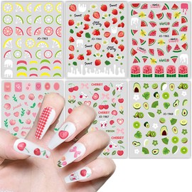 Fruits Nail Art Stickers, 3D Flowers Nail Self-Adhesive Sticker Design, Lemon Watermelon Strawberry Peach Cherry Avocado Nail Transfer Decals Supplies for Women Girls Manicure Summer Decorations