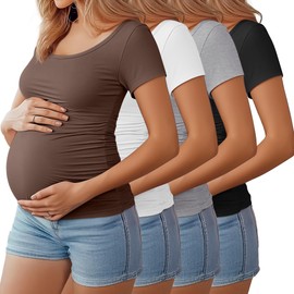 Huukeay 4 Pack Women's Maternity Shirts Scoop Neck Maternity Top Short Sleeve Casual Cotton Tee Side Ruched Pregnancy Clothes(Black, White, Light Gray, Coffee,Medium)