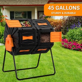 Marcytop 45 Gal Compost Bin Dual-Chamber Outdoor Composter Tumbler Rotating Sliding Doors