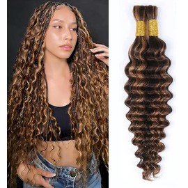 Unipearl Deep Curly Human Braiding Hair for Boho Braids 14 Inch 100g，#4/30 Ombre Brown Wave Wave Bulk Human Hair Extensions Wet and Wavy 2 Bundles