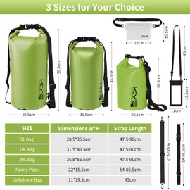 KYG Borsa Impermeabile a Tracolla Regolabile Dry Bag 5L/10L/20L Kit 3 in 1 Marsupio impermeabile, custodia per cellulare Waterproof Zaino Per Nuoto Trekking Surf Rafting Campeggio 10L Erba Verde