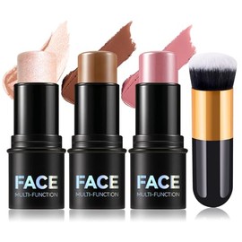Kit de 3 barras de contorno color crema, mate, impermeable, iluminador, bronceador, barra de contorno con pincel, no grasa, cremoso tamaño de viaje, j