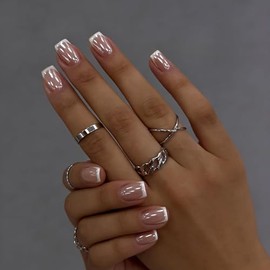 SXVME Uñas postizas cortas cuadradas con punta francesa blanca cromada, uñas postizas lindas con acabado brillante y diseño de espejo, uñas postizas b