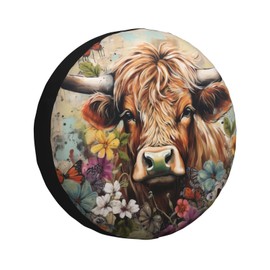 Spare Tire Cover Highland Cow Graffiti Floral Western Farm Tire Cover 16 Inch Wheel Covers for Rv Trailer Jeep SUV Truck Camper Vehicles Dust-Proof Waterproof Tire Protectors