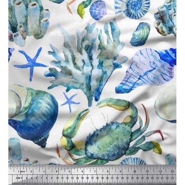 Soimoi Polyester Crepe Fabric Crab,Shell & Coral Ocean Decor Fabric
