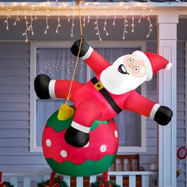 Joiedomi 8 FT Tall Christmas Inflatable Santa Swinging on Christmas Ornament, Blow Up Hanging Santa Outdoor Decoration with Build-in LEDs for Xmas Party Decor Yard Garden Indoor Holiday Decoration
