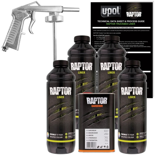U-POL Raptor Tintable Urethane Spray-On Truck Bed Liner Kit W/Free Spray Gun, 4 Liters