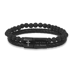 Mikovivi Men's Inspirational Bible Verse Bracelet, God is First I Am Second Christian Faith Bracelets Lava Rock Bead Braided Leather Wristband with Magnetic Clasp Gifts for Daily Encouragement