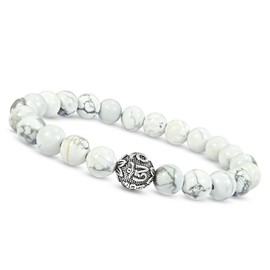 Unique Gems Chakra Pearl Bracelet Unisex White Turquoise 8 mm 925 Sterling Silver Mantra Silver Pearl Protective Bracelet Healing Stones Women Men Bracelet 15 cm to 22 cm, Sterling Silver, Magnesite