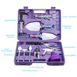 Jhua Garden Tool Set, 10 Pieces Gardening Tools Kit with Purple Flower Print, Ergonomic Handle Trowel Rake Weeder Pruner Shears Sprayer, Garden Hand Tools with Carrying Case Gardening Gifts for Women