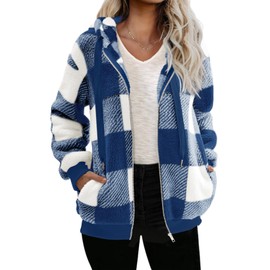 Nirovien Plaid Sherpa Jacket Women Plus Size Fleece Jackets Christmas Hoodie Fuzzy Sweater with Pockets(Blue White Plaid,2XL)