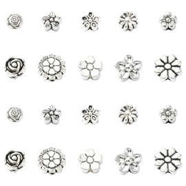 KitBeads 100Pcs 10 Styles Tibetan Flower Beads Antique Silver Floral Beads Daisy Rose Flower Spacer Beads for Jewelry Making Bracelets Crafts Bulk