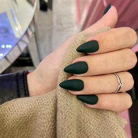 48PCS Matte Dark Green Press on Nails Medium,SXVME Gel Nails Almond Nails Press ons,Stiletto Fake Nails Glue on Nails Medium Length,Reusable Acrylic Nails False Nails for Women…