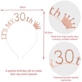 Elehui 30th Birthday Tiara and Sash Birthday Rhinestone Crystal Crown for 30th Birthday Gift Party Accessories for Women 30th Birthday Party Decorations (30th)