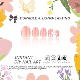 White French Tip Press on Nails Short Square MABKJLF Flower Fake Nails False Nails with Silver Lines Floral Designs Full Cover Glossy Glue on Nails Acrylic Nails for Women Girls 24Pcs