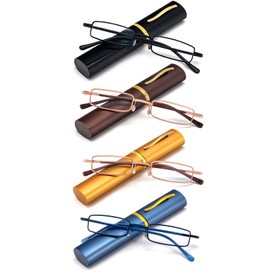 REAVEE 4 Pack Slim Pen Reading Glasses Small Tube Readers for Men Women Spring Hinged with Portable Clip Case, Black Brown Gold Blue 1.75