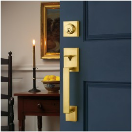 dairazan Modern Satin-Brass Front Door-Handle - Entry Door Lock with Single Cylinder Deadbolt,Exterior Door Lever Set 3 Keys,Reversible for Left and Right Hand Door