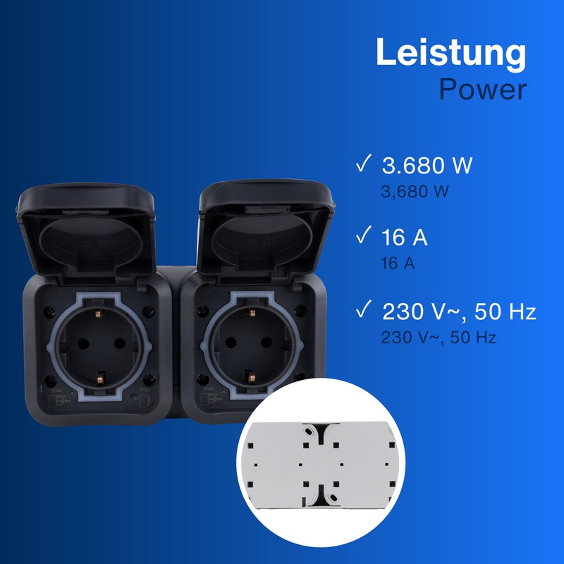 REV - AquaStorm Wet Room Socket 2-Way Surface-Mounted IP55, Double