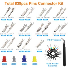 Amfuujoy 839PCS 21Type Connector Pins Terminal, Automotive Car Electrical Wire Terminal Pins Connector Kit 1/1.5/1.8/2.2/2.8/3.5mm, Non-Insulated Plug Removal Male Female Crimp Pins Set