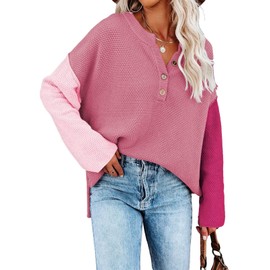 Pink Queen Fall Outfits Oversized Sweaters for Women Casual V Neck Oversized Knit Sweaters Tops Rose Color Block S