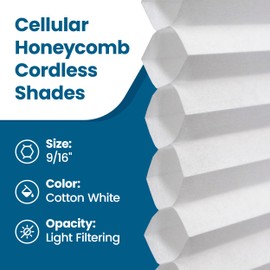 BlindsAvenue Cellular Honeycomb Cordless Shade, 9/16" Single Cell, Light Filtering, White, Size: 21.5" W x 72" H