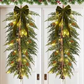 Hungdao 2 Pack 36" Large Christmas Pine Teardrop Cedar Swag with Lights Velvet Bells Bow and Faux Pine Cones Rustic Christmas Artificial Greenery Swag Wreath for Xmas Farmhouse Home Wall Decor(Green)