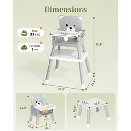 AVIDOR Baby Highchair for Babies and Toddlers, 6 in 1 High Chair with 5 Point Harness and Removable Safe Tray, Easy Clean& Ergonomic, Cute Bear Cunshion Baby Highchair for 6-36 Months and 35 lbs, Gray