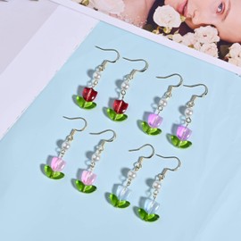 DLYFNVEV Spring Summer Earrings Pink Blue Flower Dangle Cute Tulip Leaf Earrings Set Floral Cottagecore Beaded Earrings Stack Women Dangling Trendy Boho 14K Gold Plated Earrings Pink Blue