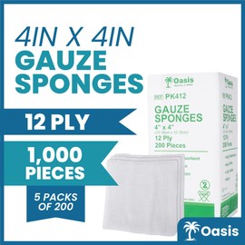 4 x 4 inch Gauze Sponges, 100% Cotton, 12-Ply Woven Non-Sterile Gauze, 1000 Pc (5 Packs of 200)