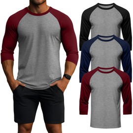 Huukeay 3 Pack Men's 3/4 Sleeve Shirts Cotton Crew Neck Baseball T Shirts Moisture Wicking Athletic Tee Tops(Light Grey/Black, Light Grey/Navy, Light Grey/Claret,X-Large)