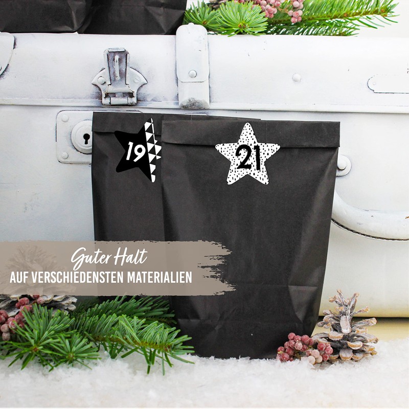 Papierdrachen 24 Advent calendar number stickers black and white stars