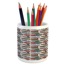 Ambesonne Train Pencil Pen Holder, Continuous Pattern with Various Types of Trains Industrial Themed Image Locomotive, Ceramic Pencil Holder for Desk Office Accessory, 3.6" X 3.2", Multicolor
