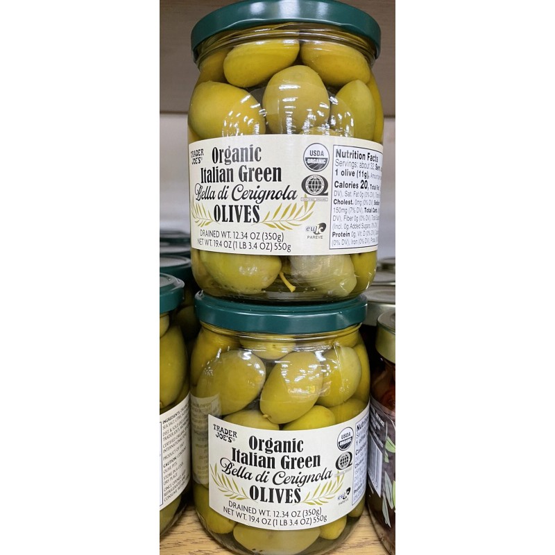 TRADER JOE'S ORGANIC ITALIAN GREEN OLIVES 2 PACKS EACH NET
