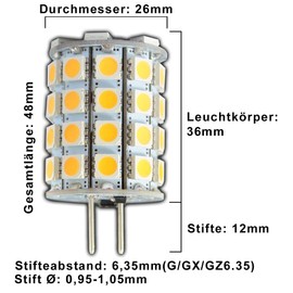 G6.35/GX6.35 LED 6 Watt 49 x 5050 SMDs Warm White 12 V AC/DC AC Voltage 360° Pin Base Halogen Replacement Halogen Lamp Pack of 2