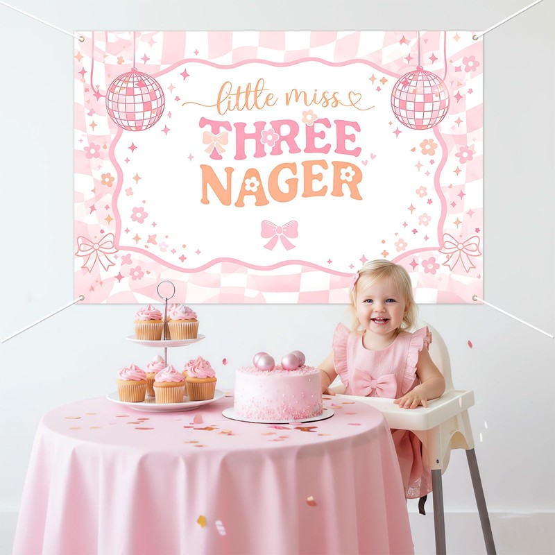 Little Miss Threenager Backdrop Disco Theme 3rd Birthday Banner 5x3ft