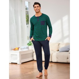 Leversic Mens Pyjamas Set Cotton Winter Pajamas for Men Long Sleeve Henley Shirts Pajama Tops With Full Length Sleep Bottom Men Sleepwear Set S-3XL(Dark Green,M)