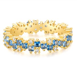 Gloffery 14K Gold Plated Eternity Ring Band for Women Princess Cut Created Blue Aquamarine CZ Stackable Wedding Promise Rings for Her Size 5-10(Size 8)