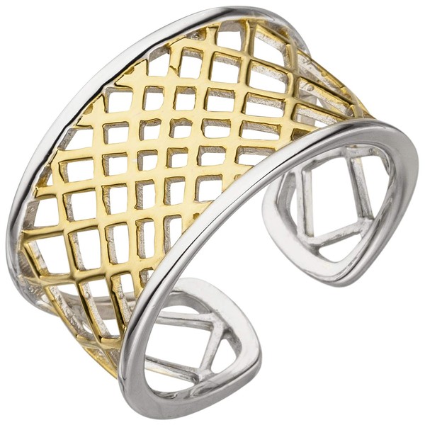 Jobo Women's Ring Statement Open Wide 925 Sterling Silver Bi-Colour