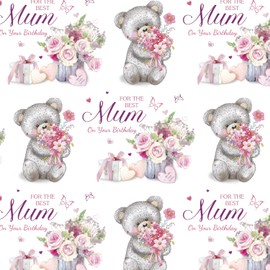 3 Sheets Mother's Birthday Wrapping Paper, Cute Bear Flower Gift Pattern Paper Gifted for Mum Birthday Present