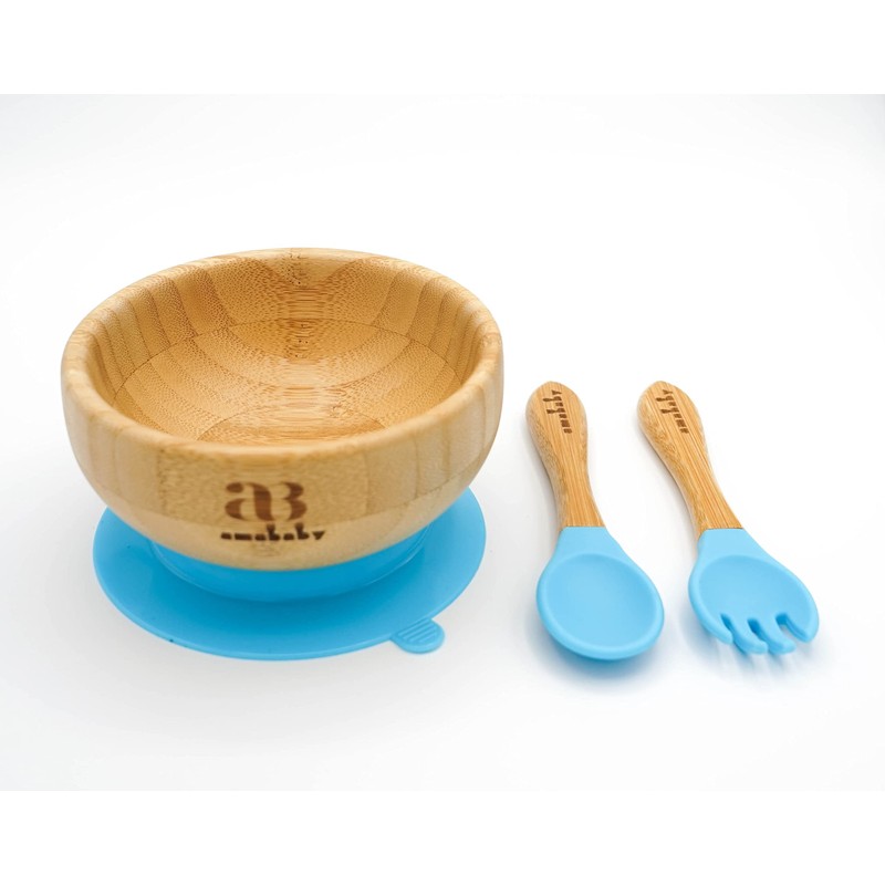 Amonev Bamboo Baby Bowls with Suction Spoon and Fork Set.