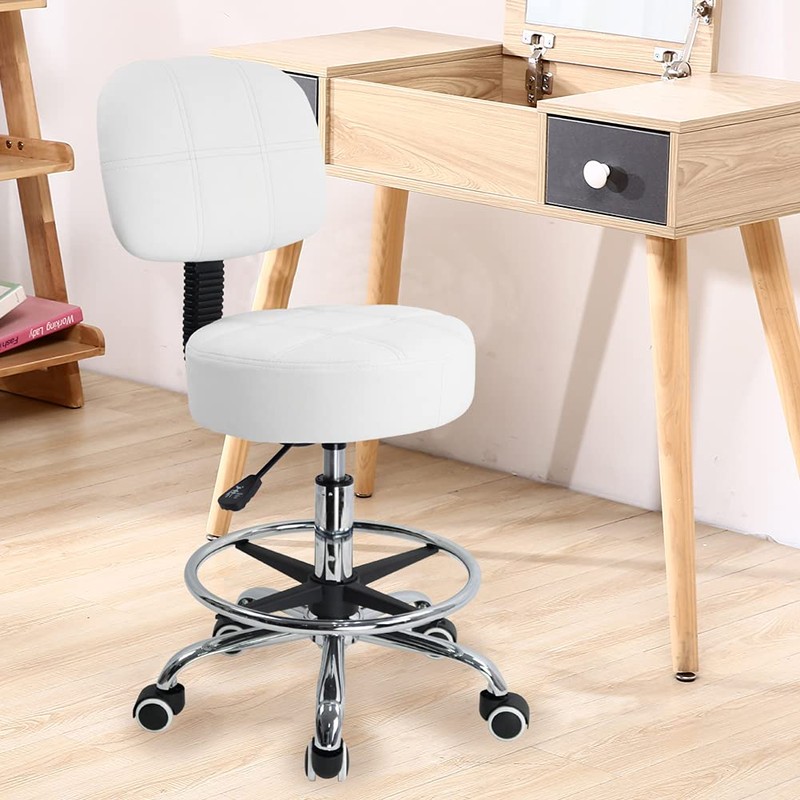 KKTONER Swivel Round Rolling Stool PU Leather with Adjustable Foot