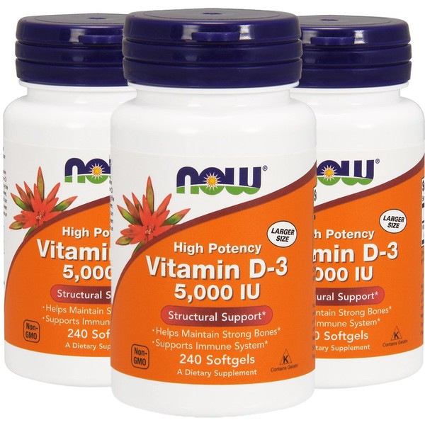 Now Vitamin D-3 5000 IU, 240 Softgels, Pack of 3