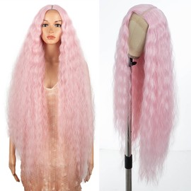 Style Icon Wig 41 Inches Super Long Lace Front Wig Human Hair Quality Curly Wigs for Women Synthetic Hair Replacement HD Lace 150% Density (Middle Part 41 Inches, Pink15)