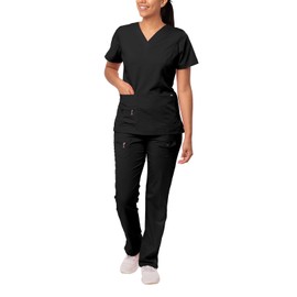 Adar Uniforms Pro Breakthrough Plus Scrub Set for Women - Enhanced V-Neck Top & Multi Pocket Pants - 4400 - Black - L