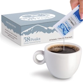 58Peaks Vanilla Flavored Syrup Sweetener Packets for Hot and Cold Drinks | To-Go Syrup Flavoring Perfect for Coffee, Tea, Milkshake and More | Flavored Coffee Syrups for Travel | 15mL | 20-Pack