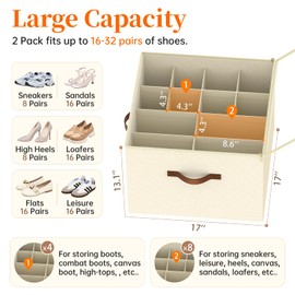 LIKMYPICK Shoe Organizer for Closet, 3 Pack Foldable Shoe Storage Containers, Fits up to 24-48 Pairs, Shoe Storage Organizer Box Cubby Baskets Bins with Clear Cover and Reinforced Handles, Beige