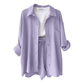 CheChury Summer Outfits Women's Two-Piece Trouser Suit Elegant Outfits Muslin Blouse Shirt and Shorts Y2k Aesthetic Clothes Loungewear Beach Holiday Outfit Set Leisure Suit Summer Lightweight