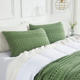 VHC Brands 100% Cotton Waffle Weave Olive Green Queen Size Sham Set of 2 20x30, Decorative Throw Pillow Covers/Shams, Boho Farmhouse Bedroom Decor